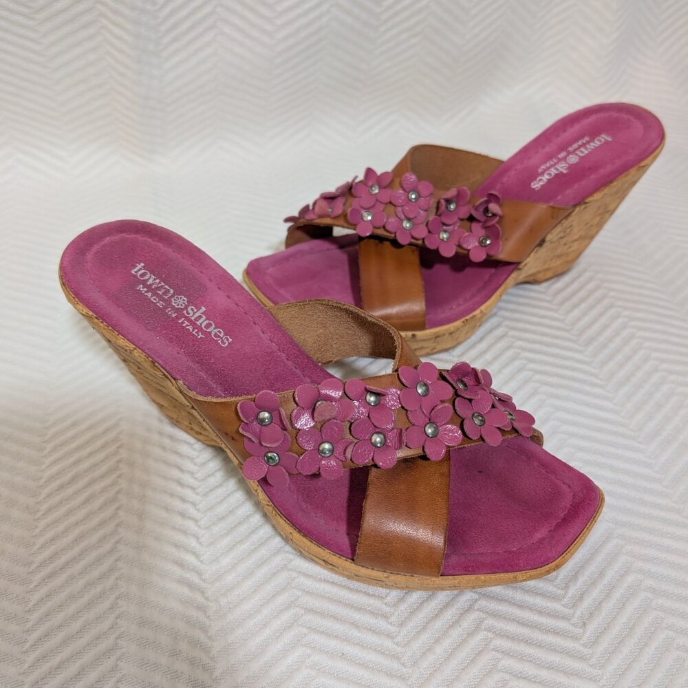 Town Shoes Brown Leather Pink Suede Floral Petal Wedge Slip On Sandals 38 / 7.5